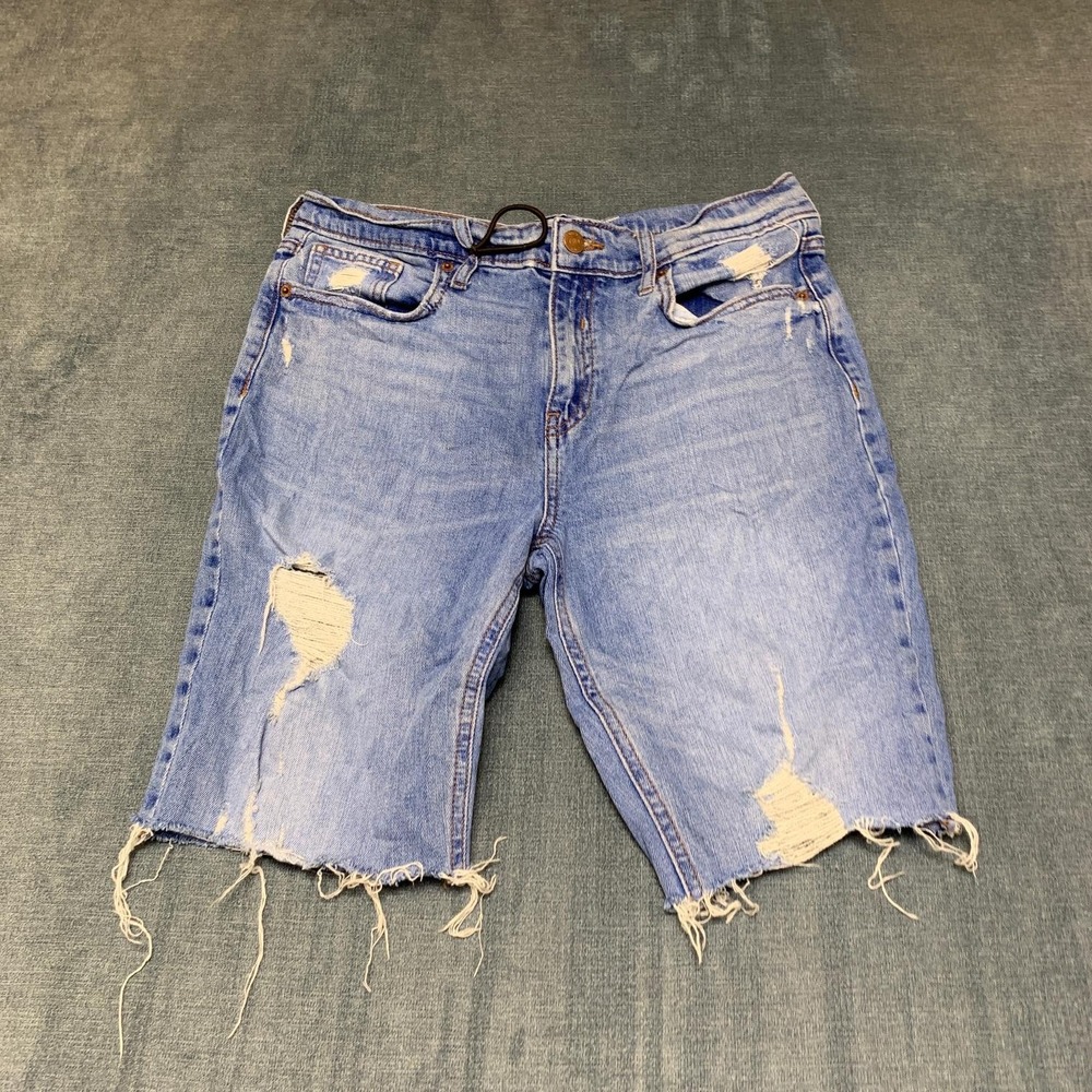 Old Navy Bermuda Shorts Womens 8 Blue Denim Cotton Stretch Distressed Frayed Hem